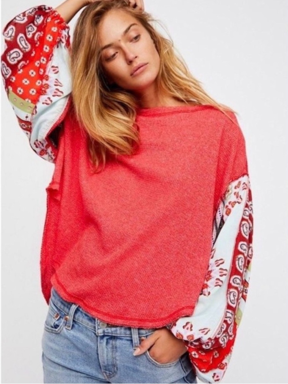 WE THE FREE Red Waffle Knit Top with Patterned Balloon Sleeves Size Medium